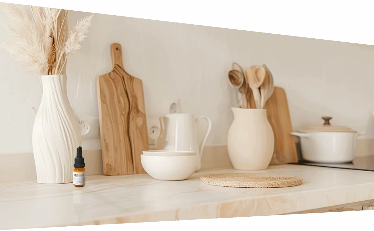 GLP THREE™ MBC-267™ peptide supplement bottle in a kitchen setting
