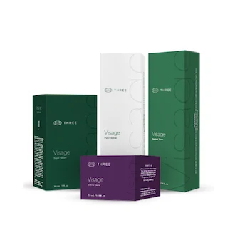 THREE Visage skincare collection with cleanser, toner, serum and moisturizer